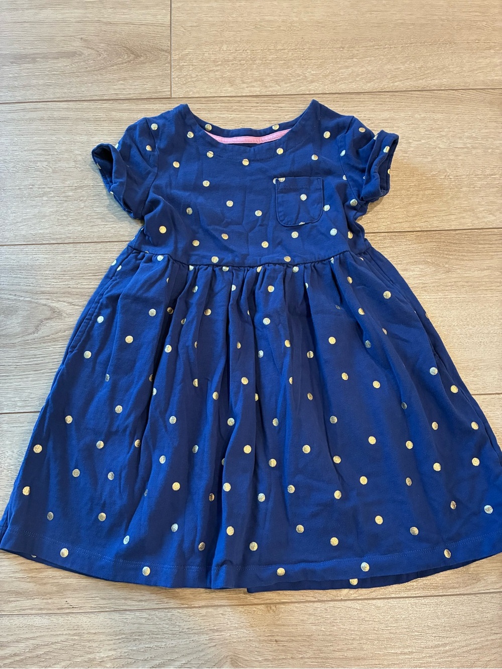Mini Boden Girls Short Sleeve Fun Jersey Dress Polka Dot Navy Gold Size 5-6Y